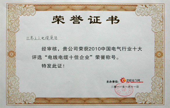 凯发k8国际被评为“2010中国电线电缆十佳企业”