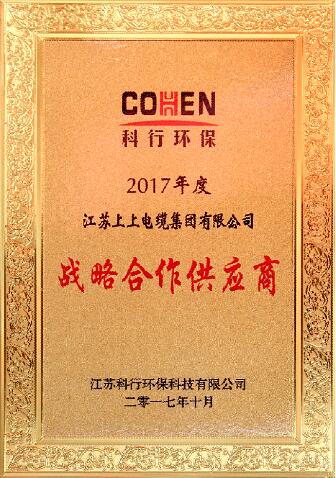 凯发k8国际电缆被评为科行环保2017年度战略相助供应商