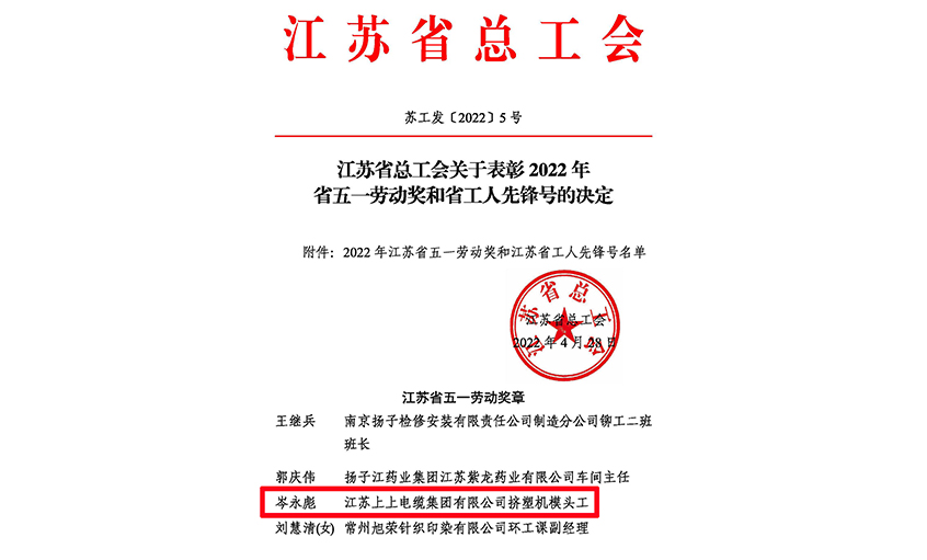 20年产品质量“零缺陷”——凯发k8国际电缆员工岑永彪荣获“江苏省五一劳动奖章”